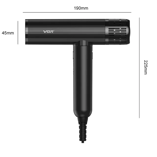 اندازه سشوار حرفه‌ای پرسرعت وی جی آر مدل V-427