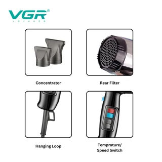 بخش های سشوار حرفه‌ای وی جی آر مدل VGR V-466 با موتور AC پرقدرت 2400 وات