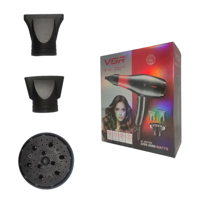 تصویر اقلام درون جعبه سشوار حرفه‌ای وی جی آر مدل VGR V-462 با موتور AC، توان 2600 وات