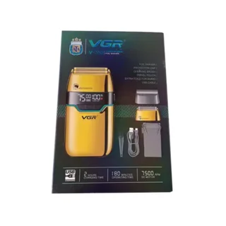 تصویر جعبه ماشین اصلاح صفرزن وی جی آر مدل VGR V-350 با تیغه فویلی دوگانه و نمایشگر LED