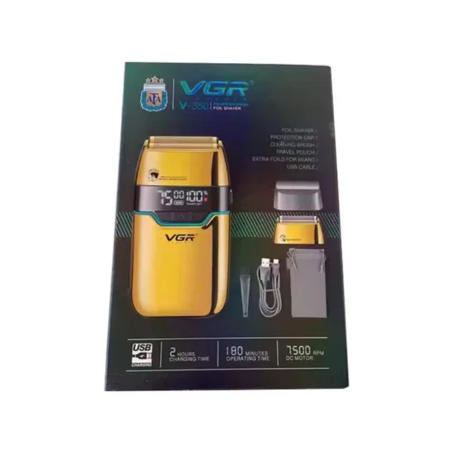 تصویر جعبه ماشین اصلاح صفرزن وی جی آر مدل VGR V-350 با تیغه فویلی دوگانه و نمایشگر LED
