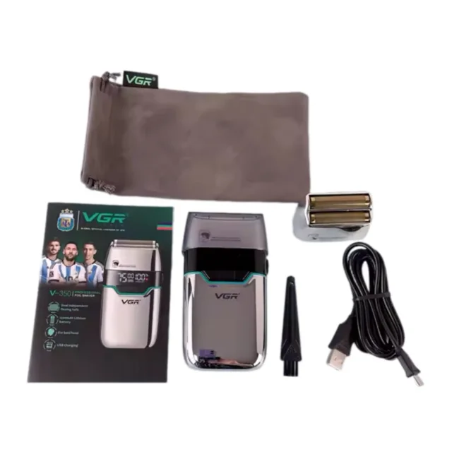 تصویر اقلام همراه ماشین اصلاح صفرزن وی جی آر مدل VGR V-350 با تیغه فویلی دوگانه و نمایشگر LED