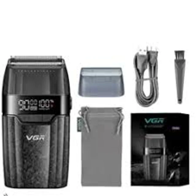 تصویر اقلام درون جعبه ماشین اصلاح صفرزن وی جی آر مدل VGR V-640S با تیغه فویلی دوگانه و بدنه فلزی