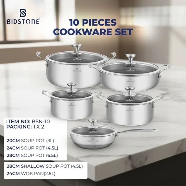 Bideston 10\-Piece Stainless Steel Cookware Set with Laser Bottom