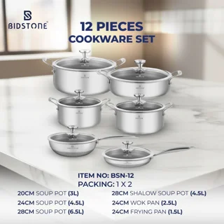 Bideston 12\-Piece Stainless Steel Cookware Set with Laser Bottom