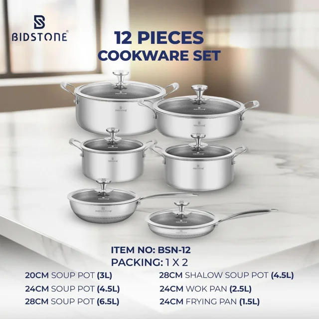 Bideston 12\-Piece Stainless Steel Cookware Set with Laser Bottom